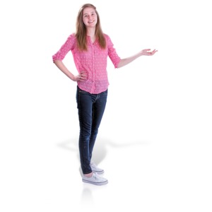 A teenage girl gestures to the side. This clip-art can be used to help present another image or text.