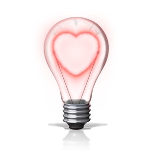 This clip art image shows a light bulb with a electric heart turn on inside.