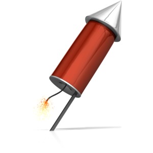 This clip art image shows a rocket on the end of a stick with the wick lit.