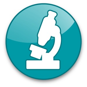 An image of a button icon with a microscope on it. 