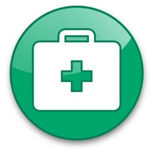 An image of a button icon with a briefcase and cross on it.