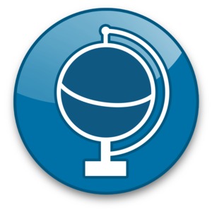 An image of a button icon with globe on it