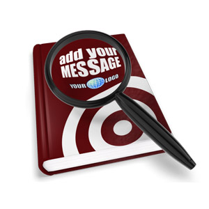 A magnifying glass searches the cover of a text book.  You can customize the color of the textbook using our on-line tools.