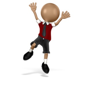 This clip art image shows a school boy jumping up in the air.