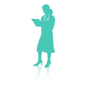 An image of a medical person standing and writing on a chart. 