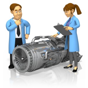 A pair of engineers check over a turbine engine