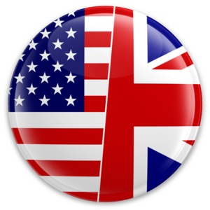 This button flag shows the the American flag on one half and the United Kingdom flag on the other.
