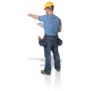A construction man points at something while holding a clipboard.
