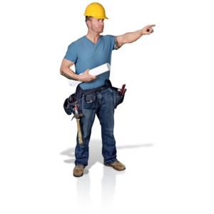 An image of construction man with blueprint pointing.