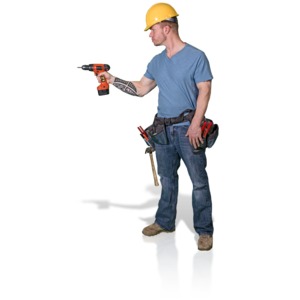 A construction man drilling something to the side.