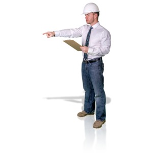 A foreman pointing to the side with a clipboard.
