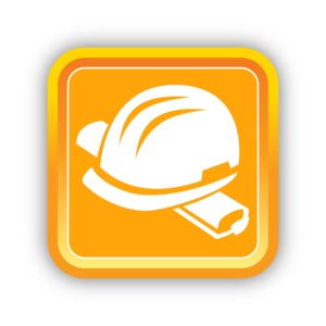 An image of a square icon with a hard hat and plans on it.