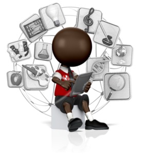 This clip art image shows a student figure sitting exploring on a tablet