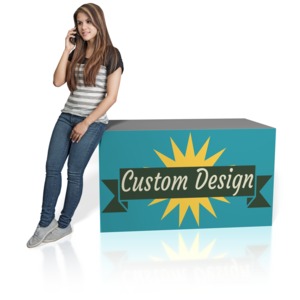 A young woman leans on a cube with your custom design on the front.