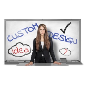 A young business woman presents in front of a whiteboard with your custom design.