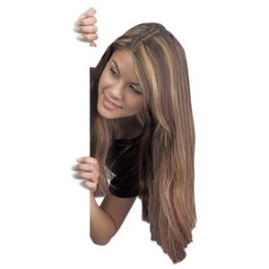 A young woman peeks from behind a blank wall.