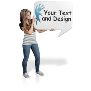 A young woman holds up a word balloon that you can place your own message inside.