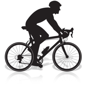 A silhouette image of a man on a bicycle.