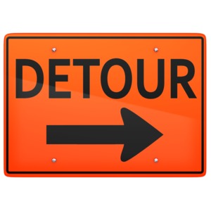 This clip art image shows a detour sign pointing to the right.
