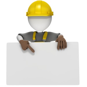 This clip art image shows a construction worker holding a blank sign with one hand and pointing to it with the other.