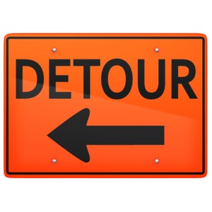 This clip art image shows a detour sign pointing to the left.