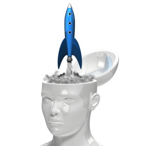 An image of rocket blasting out of the brain compartment of a head.