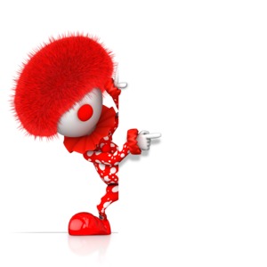 This clip art image shows a clown figure popping out from behind something pointing with figure.