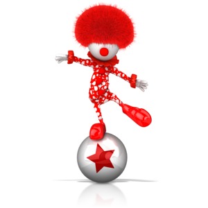 A clown balances on a ball with on foot.