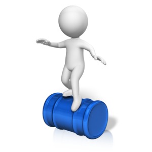 A stick figure balancing carefully as he walks a rolling drum back and forth.