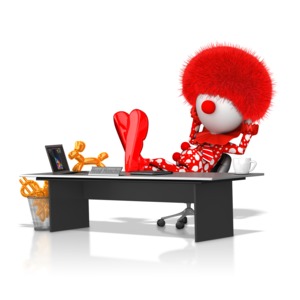 This clip art image shows a clown boss figure lounging behind a desk.