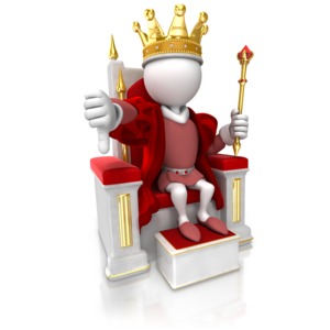 In this clip art image a king figure gives the ruling of a thumbs down.