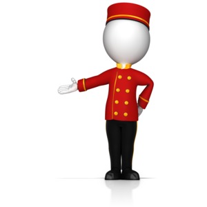 This clip art image shows a bell hop figure gesturing to the side.