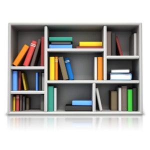 An image of a rectangular book shelf with many books.