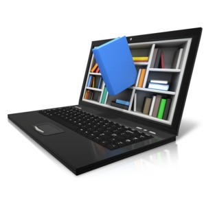 An image of a laptop with a shelved book moving out the screen.