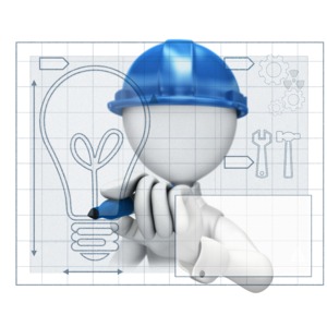 This clip art image shows a figure drawing a blueprint for an idea.