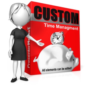 This custom clip art image shows a woman business figure gesturing to a large customizable box.  You can add your own text and images the display box.  