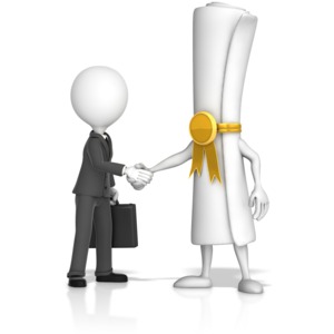 This clip art image shows a business figure shaking hands with a rolled sealed document.