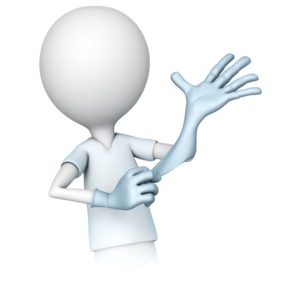 This clip art image shows a medical worker putting on protective gloves.