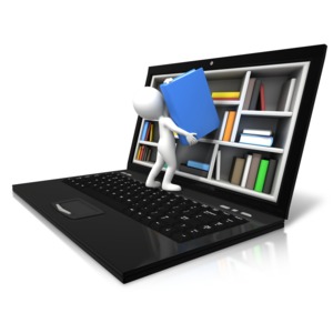 An image of a stick figure on laptop pulling a shelved book out of screen.