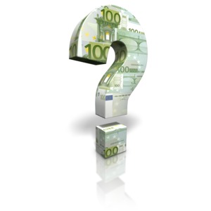 This clip art image shows a question mark made up of European money.