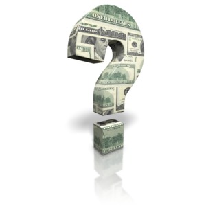 This clip art image shows a question mark made up of United States 100 dollar bills.
