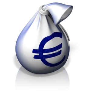 This clip art image shows a single money bag sitting on the ground with a euro symbol on it.
