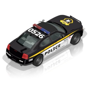 An angled view of a police car from behind.