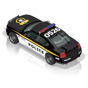 An angled view of a police car from behind.