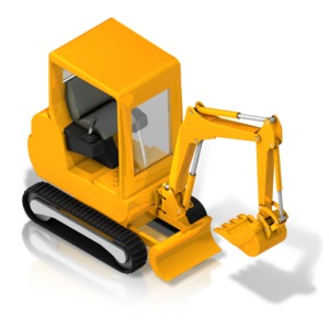 An image of the front side of a construction backhoe with an isometric camera view.