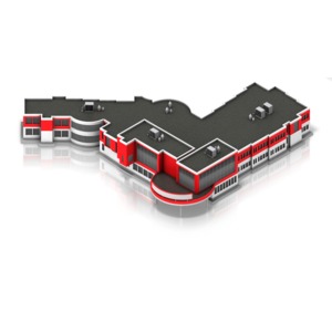 This clip art image shows a building shown at an isometric angle.  This building could used to illustrate a school, hospital, institution, or an office building. 