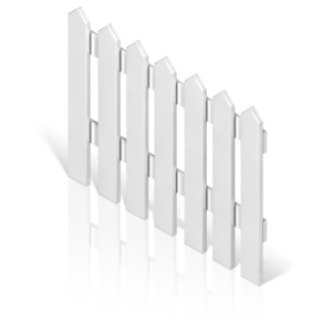 The backside of a white picket fence.