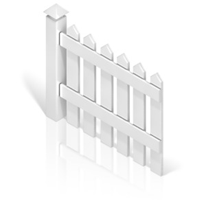 The backside of a white picket fence with a post.