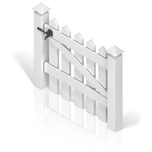 The swing-gate to a white picket fence.