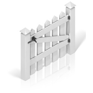 The swing-gate to a white picket fence.